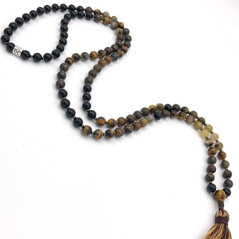 BRONZITE ,ONYX,PIETERSITE,TIGERS EYE Stone Mala Beads, 108 Mala Necklace, Knotted Mala, WWG Necklace, Yoga Jewelry Meditation Beads Spiritual Jewelry Boho Jewelry, 34inch, Gemstone