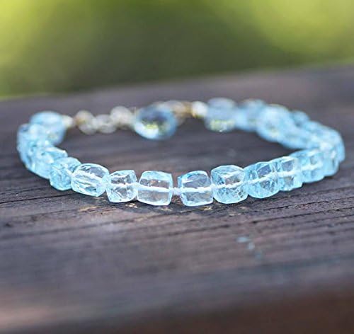JEWELZ natural sky blue topaz bracelet solid 14k yellow gold, strung knotted, december birthstone 6mm - 7.5mm