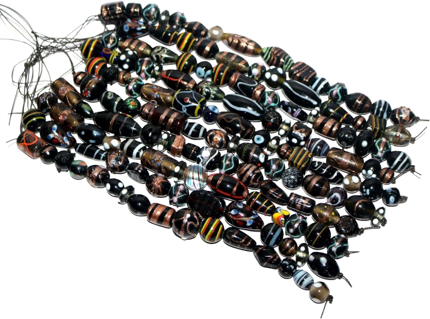 Handcrafted Black Combination Lampwork Glass Beads | Multi-Shape Fancy Assorted | Available in 20 Strands | Artistic Handmade Beads for Jewelry Making, & DIY Crafts.