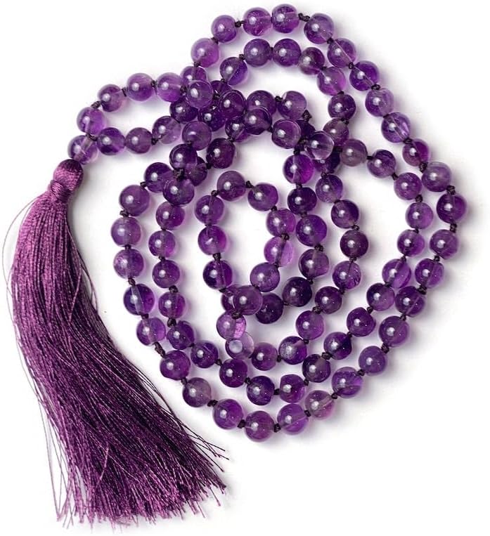 Natural Amethyst 8mm 108 Mala Beads, Spiritual, Meditation Beads, Reiki, Japa Mala, Buddhist Prayer Beads, Yoga Bracelet, healing beads LKMALA-RRGU-3143, 34 inch, purple