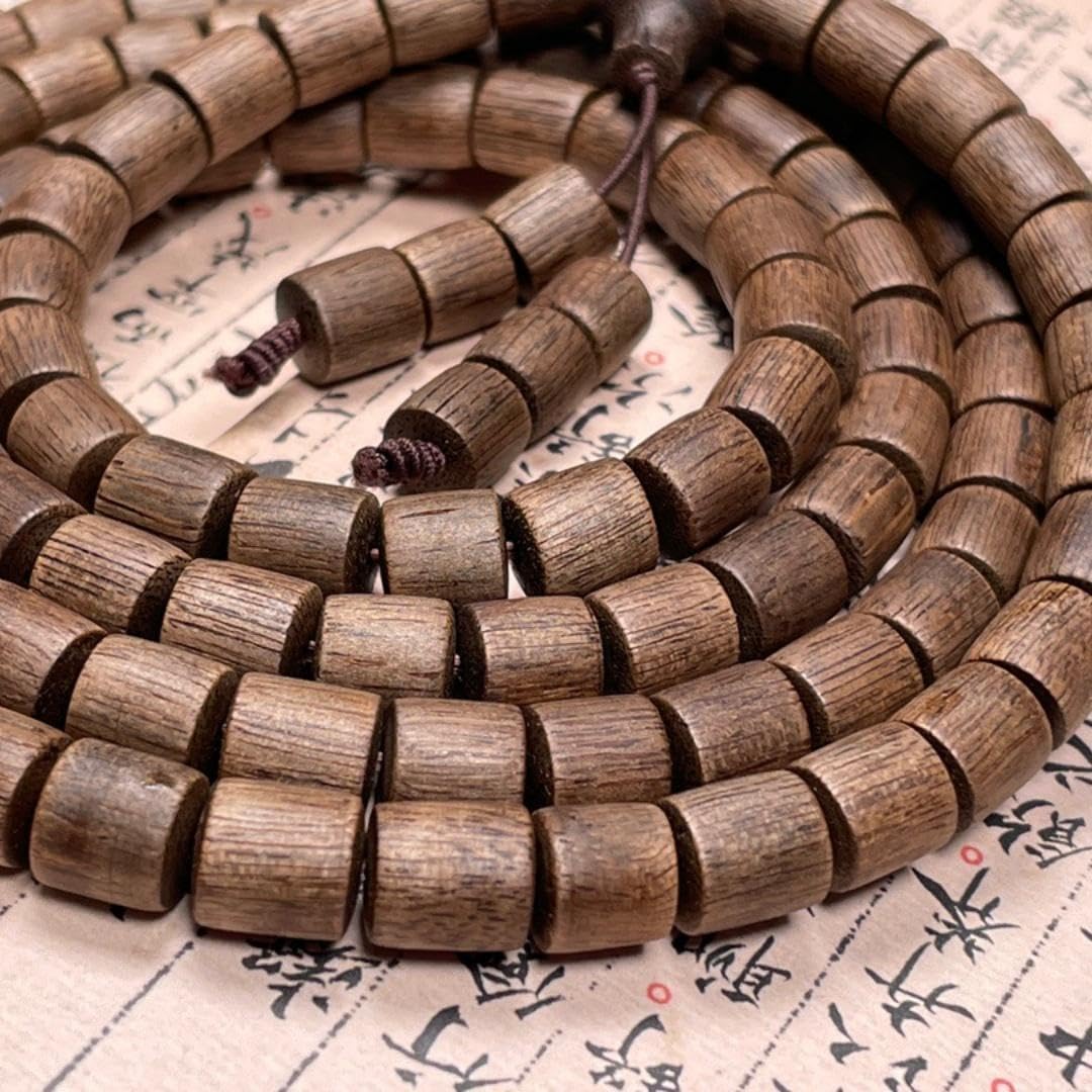 Vietnamese Nha Trang White agarwood Prayer Beads, Straight-Cut Bucket Beads 8mm*108 Pieces, Dense, Sweet, Cool and Water-Sinking Grade