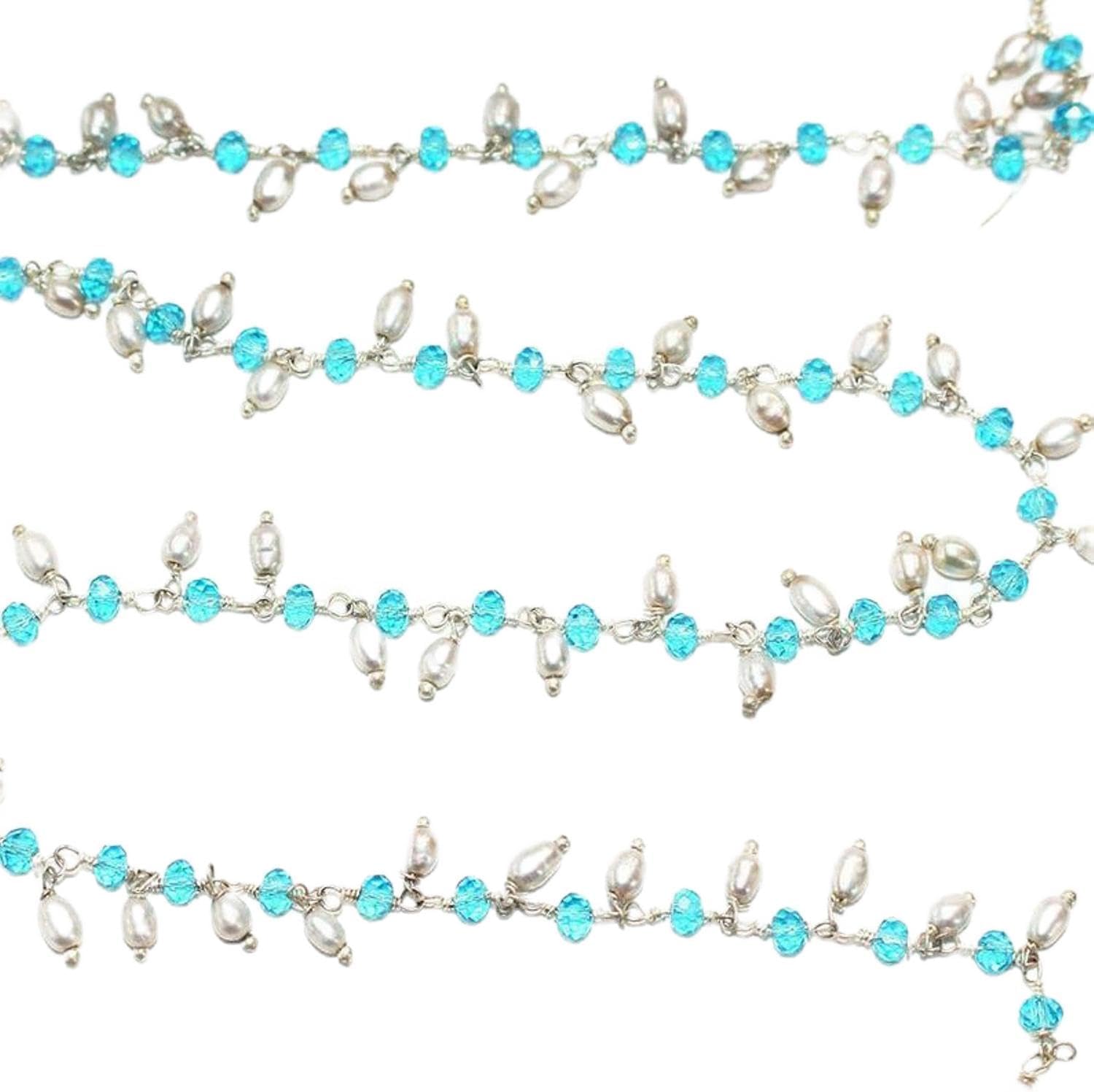 36 inch long gem blue topaz & fresh water pearl 3-4mm rondelle & oval shape faceted & smooth cut beads wire wrapped sterling silver plated dangling rosary chain for jewelry making / DIY jewelry crafts #Code - DANRCH-012