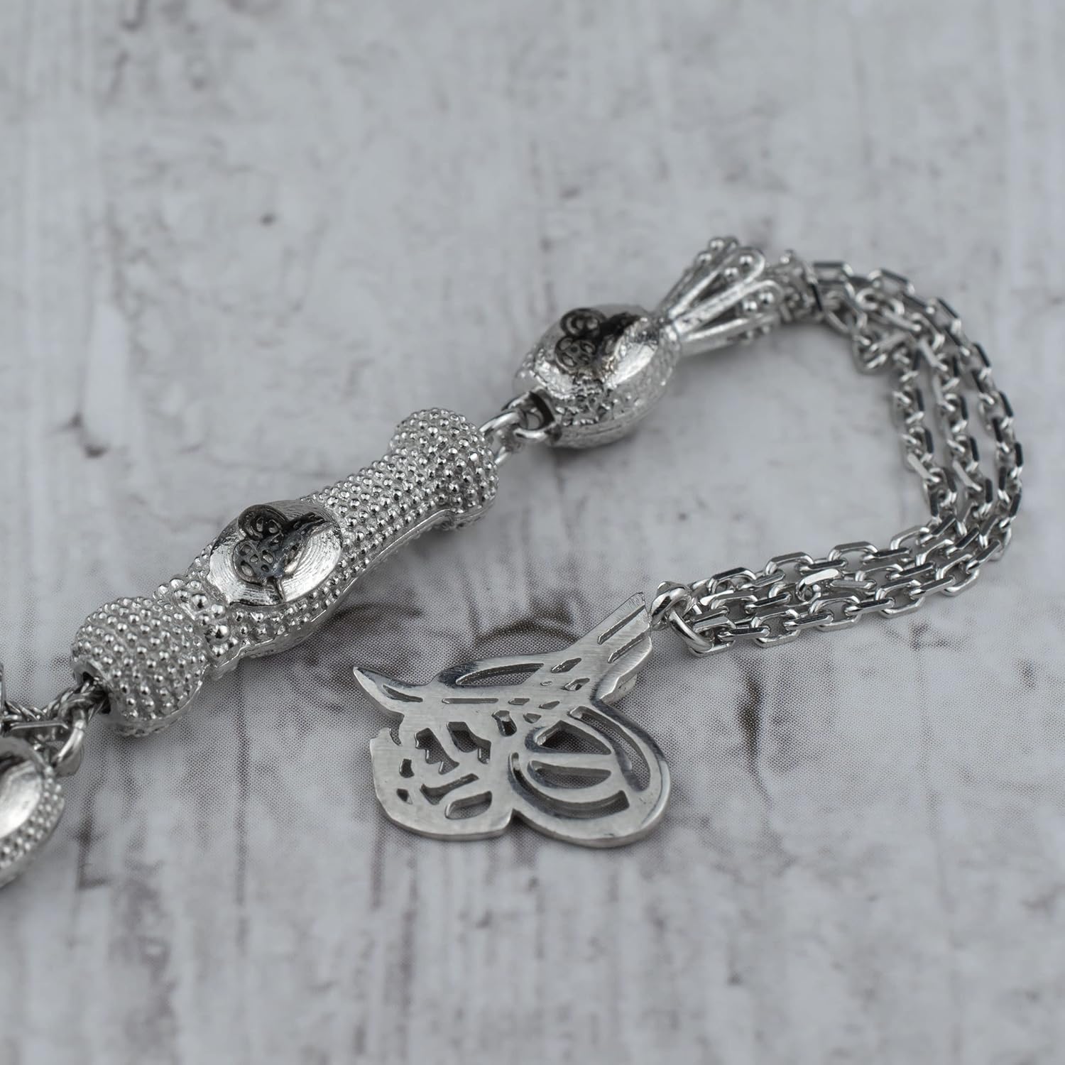 Filigranist 925 Silver Zirconia Oval Beads Tasbeeh Oxidized 33 Piece Oval Beads Misbah Tasbih Prayer Bead Worry Beads Stress Chain