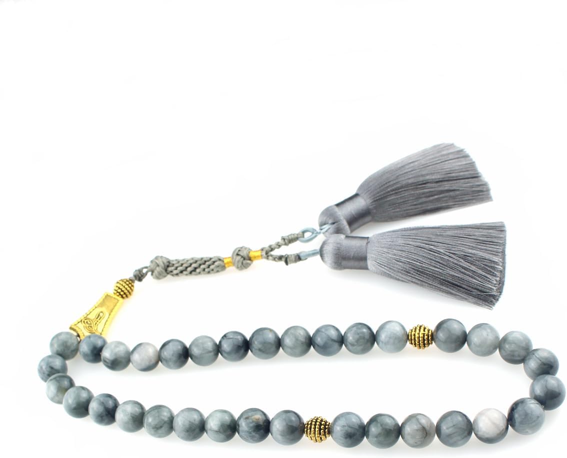 Muslims Islamic Dhikr 33 Tasbeeh Tasbih Prayer Beads, Grey Stone Beads with Tassel