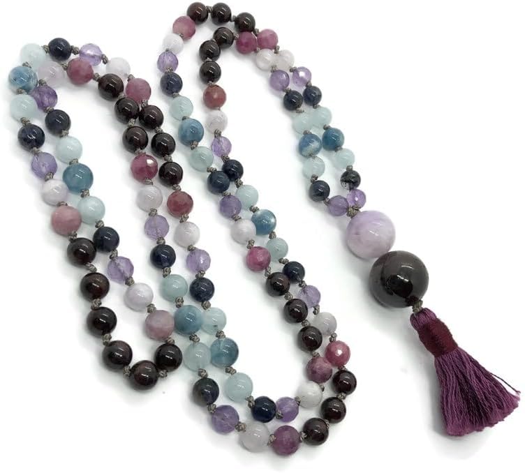 Natural aquamarine, ruby, garnet, iolite, amethyst 6mm-10mm 108 Mala Beads, Spiritual, Meditation Beads, Reiki, Japa Mala, Buddhist Prayer Beads, Yoga Bracelet, healing beads LKMALA-RRGU-459