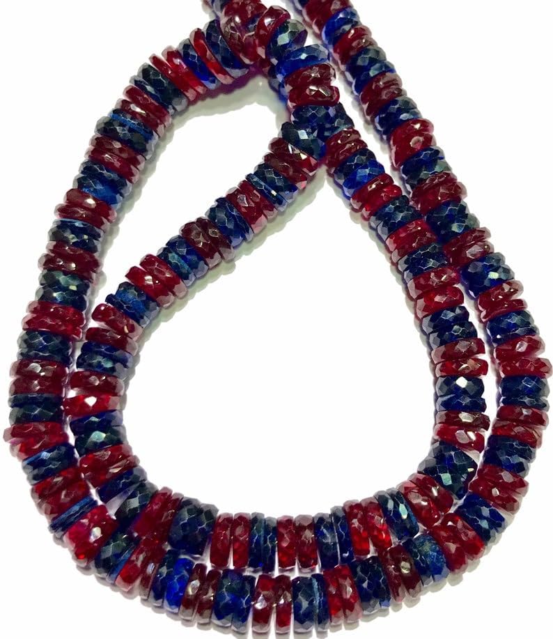 Natural Blue and RED Corundum tyre facated Beads 7-8 MM 18 inch Long String Jewelry Making Gemstone Beads for Necklace Bracelet