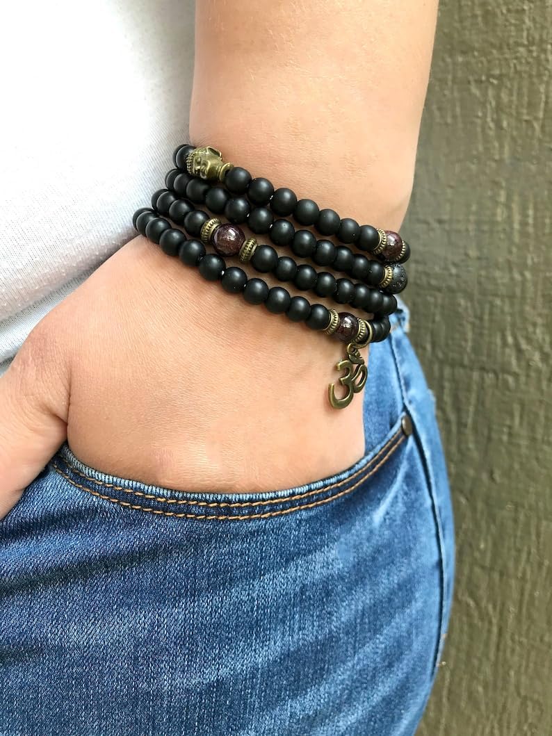 Frosted Onyx Stone Mala Beads, 108 Mala Necklace, Knotted Mala, WWG Necklace, Yoga Jewelry Meditation Beads Spiritual Jewelry Boho Jewelry, 34inch, Gemstone