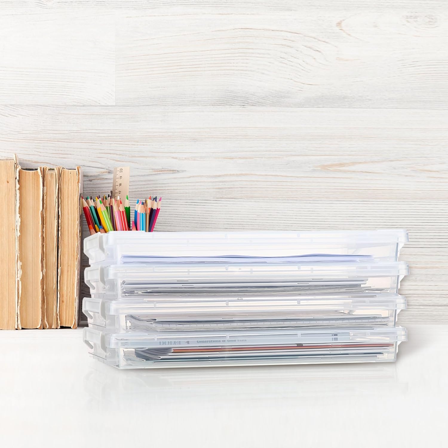 12 Pcs A4 File Paper Storage Box 14.33 x 9.84 x 1.57 Inch Clear Magazine Protector Stackable Portable Project Case for Organizing Documents, Scrapbook, Jewelry, Beading Project, School Office Supplies