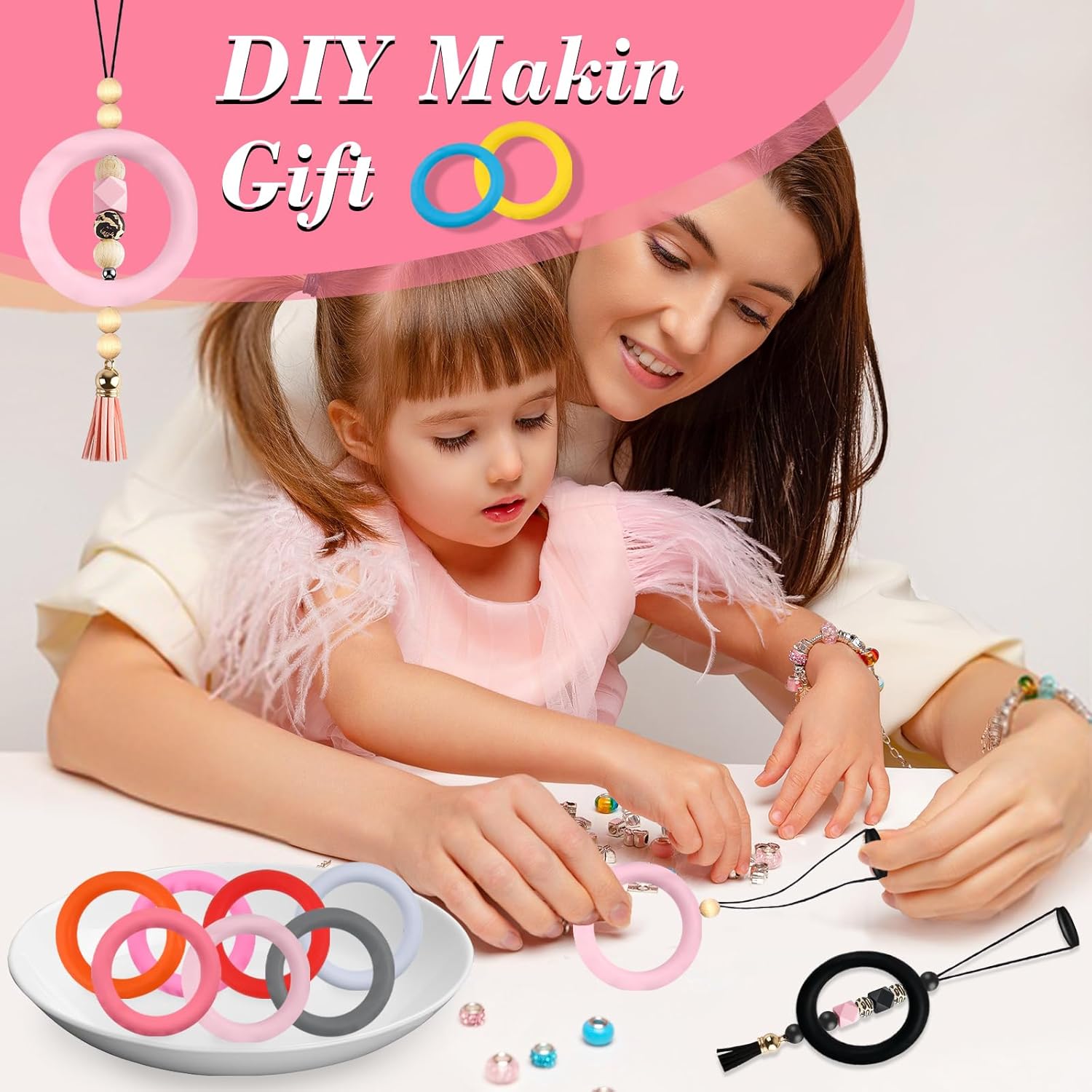 Boocalny 30 Sets Silicone Beadable Rings Making Kits, 65mm Round Silicone Bead Loop and Keychain, Tassels Bulk Leather Key Chain with Black Clasp, Silicone Pendant for DIY Bracelet Jewelry Necklace