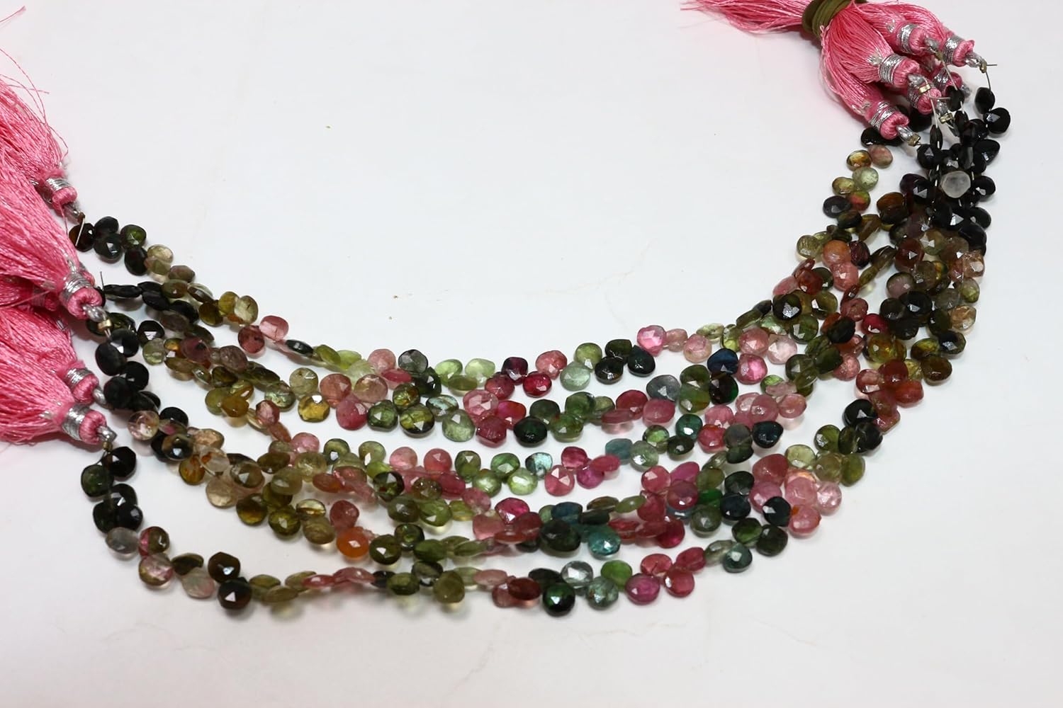 Natural Multi-Colored Tourmaline Heart Shaped Faceted Beads, Pink Green Black, 5-6mm Size, 8 Inch Strand with Tassel