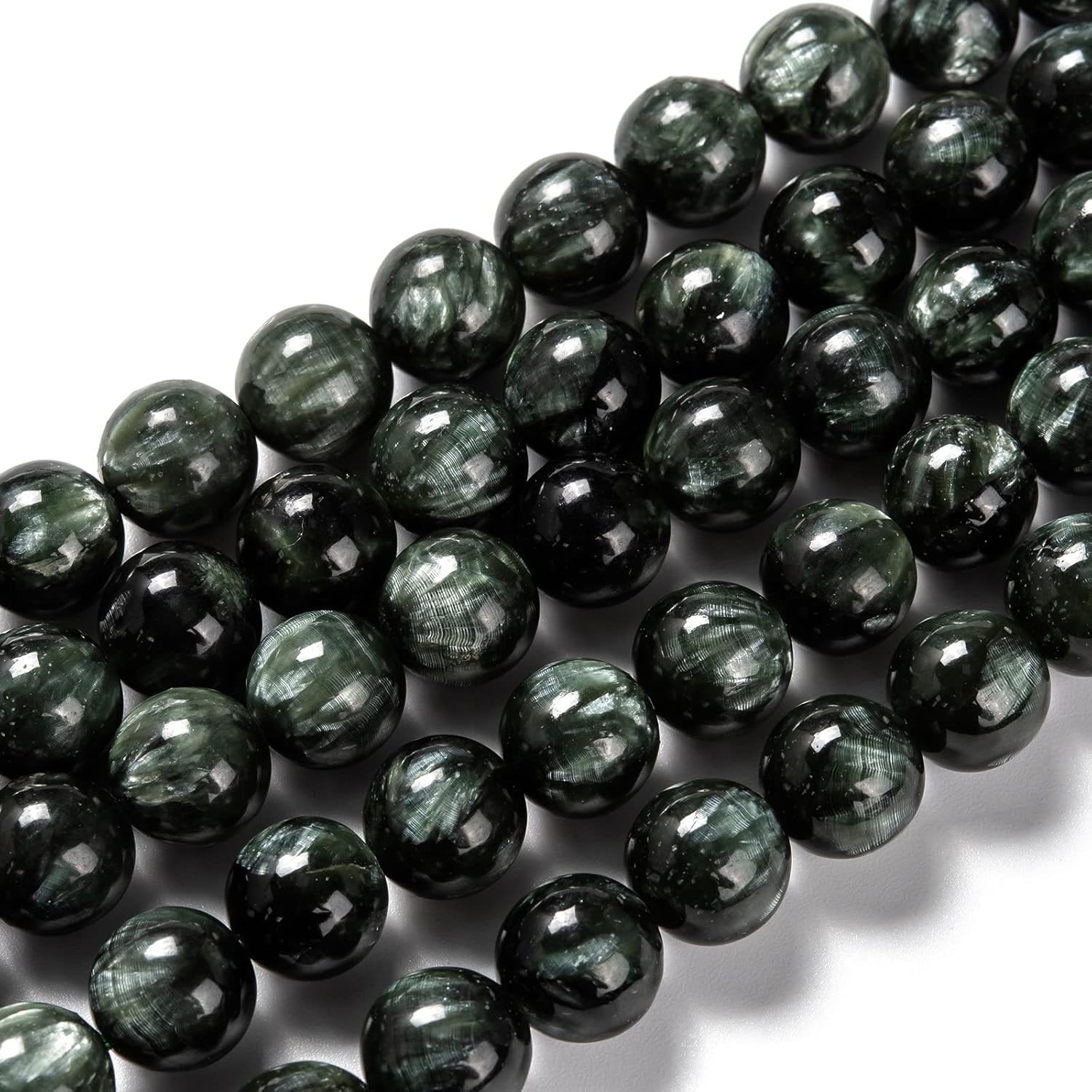 38pcs 10mm Natural Seraphinite Beads Round Quartz Energy Stone Healing Crystal Rocks for DIY Crafts Bracelets Necklaces Earrings Hole: 1mm