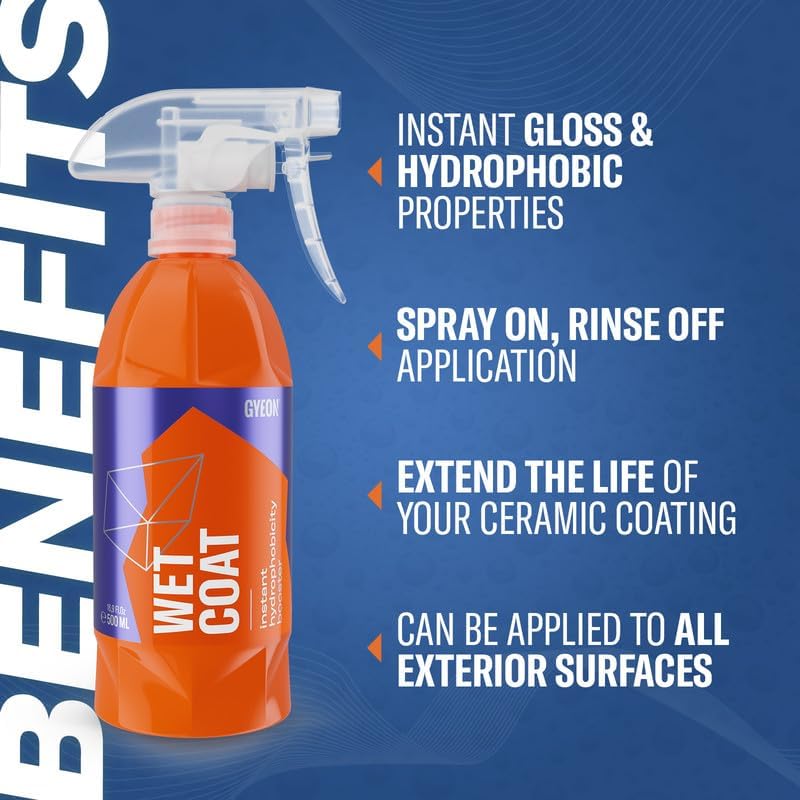 GYEON Wet Coat Kit - Hydrophobic Ceramic Spray Coating for Cars - High Gloss Solutions for Your Car Paint Wheels and Glass - Spray On Rinse Off Easy DIY Use Formula