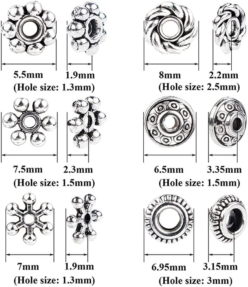 300pcs Silver Spacer Beads 6 Style Jewelry Beads Charm Spacers Alloy Beads Kit for Bracelets Necklace Earrings Jewelry Making