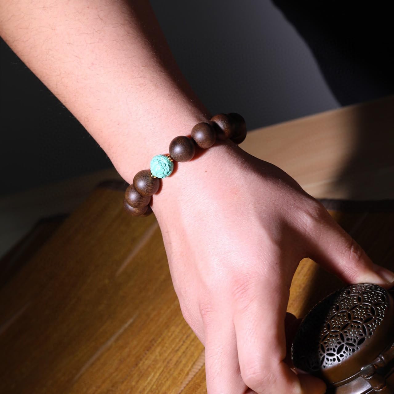 Brunei Agarwood with Ceramic Turquoise Dragon Beads 15mm Fragrant and Cool DIY