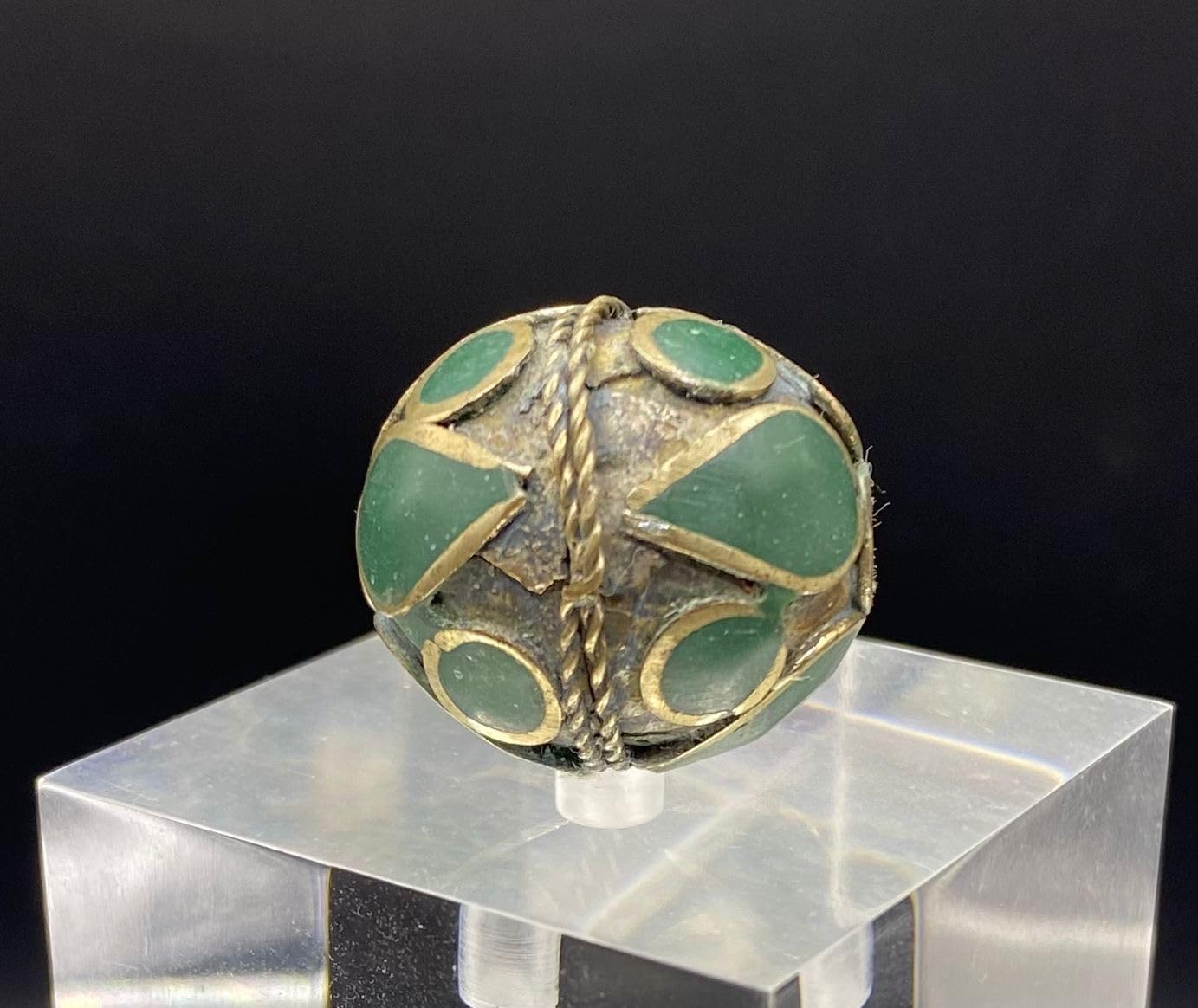 Antique Tibetan Brass Inlay Bead 25x22mm 4.5g | Vintage Green Stone Handmade for Jewelry Making | Ethnic Nepal for Necklace, Bracelet, Earring Craft | Old Tribal Boho Bead (50)