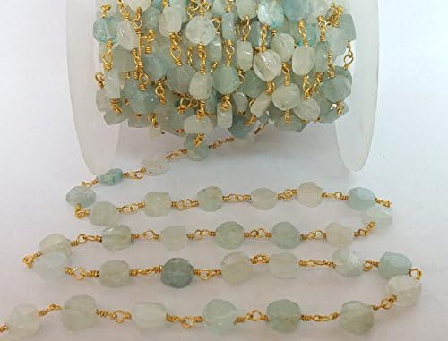 5 Feet Natural Aquamarine Smooth Coin Beaded Chain - Gold Over Sterling Silver or Gold Plated Wire Wrapped Chain - Coin Beads 4.5-5mm