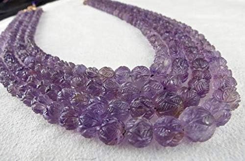 4 Line Natural Amethyst Carved Round Beads Necklace 16 INCHES 11 MM to 6 MM Code-HIGH-46433