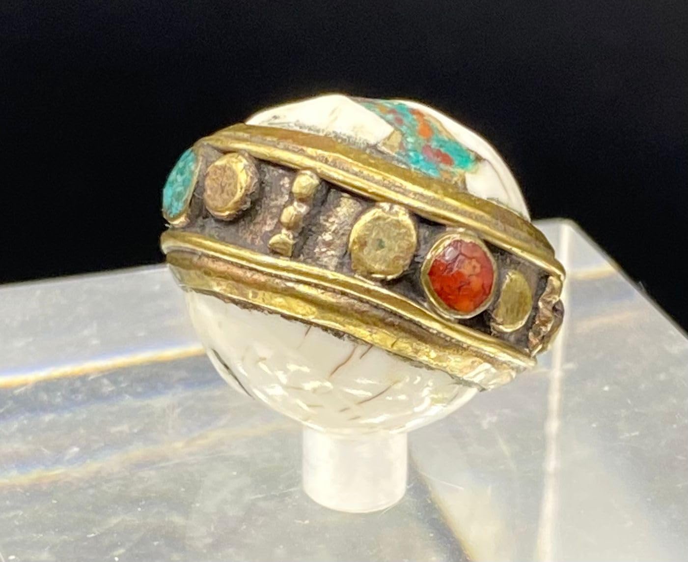 Handcrafted Nepalese Tibetan Natural Shell Pearl Bead with Turquoise and Coral 16x21mm – 9g Round Carved Bead for Jewelry Making, Craft Supplies, DIY Necklace & Bracelet Design (20)