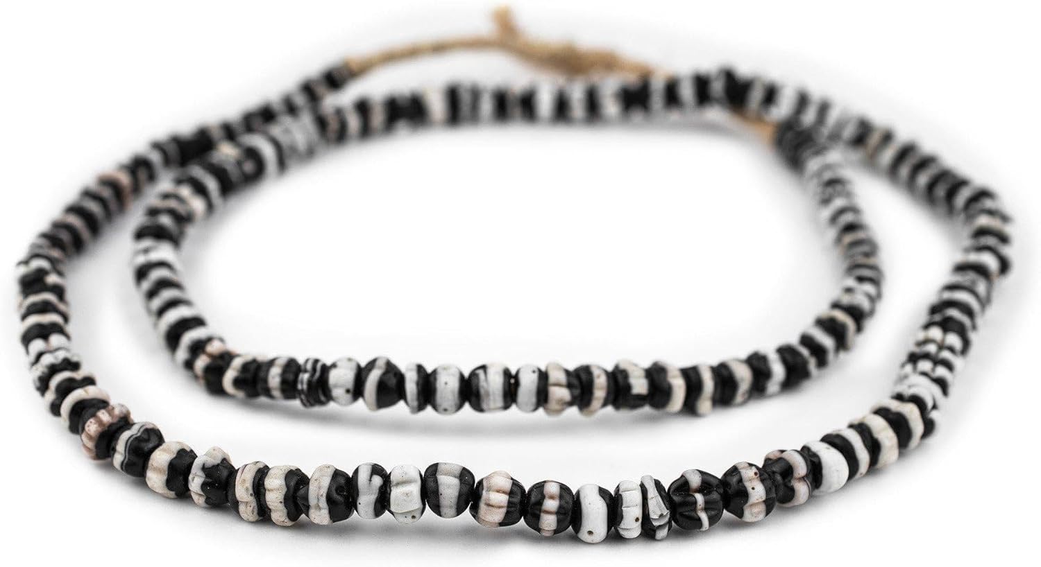 The Bead Chest White Stripe Dogtooth Venetian Trade Beads 8-10mm Nigeria African Black and White Unusual Glass Large Hole 38 Inch Strand