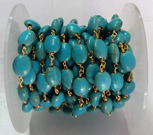 5 feet turquoise smooth oval beaded chain - 24k gold plated wire wrapped chain - oval beaded chain - beads 6x8mm