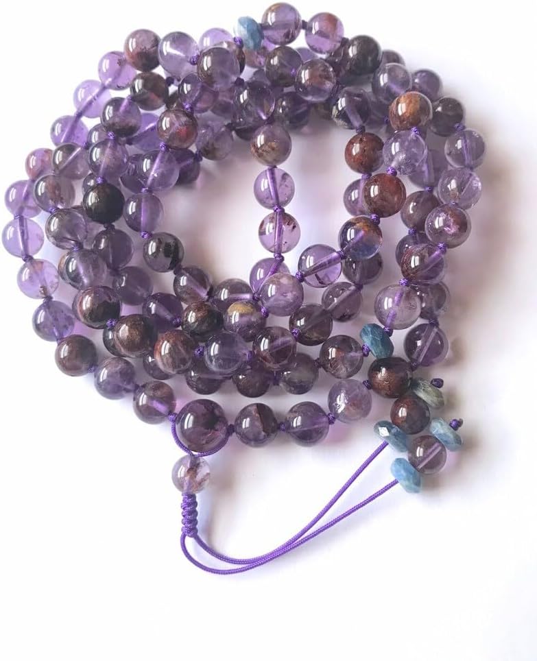 Natural Amethyst Cacoxenite,Kyanite 8mm-12mm 108 Mala Beads, Spiritual, Meditation Beads, Reiki, Japa Mala, Buddhist Prayer Beads, Yoga Bracelet, healing beads LKMALA-RRGU-1031