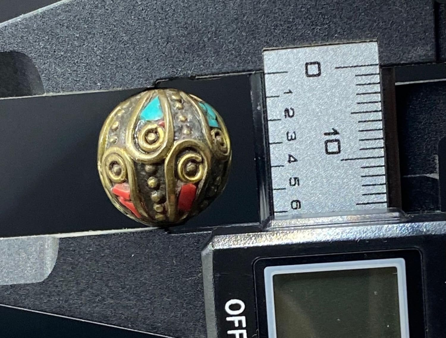 ALI OPLALS Old Antique Nepali Tibetan Handmade Brass Bead 16mm 6g | Turquoise & Coral Inlay Round Bead | Ethnic Boho Jewelry Supply |Prayer Buddha Amulets, For Pendant Bracelet Necklace Making (50)