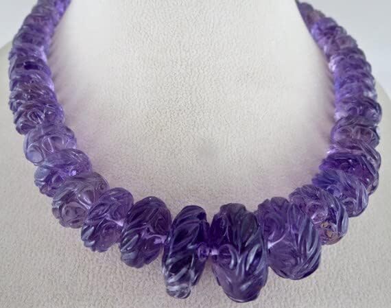 Natural Amethyst Carved Beads Necklace 21 INCHES 22 MM to 10MM