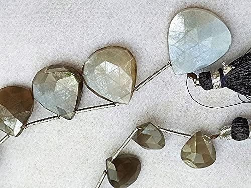 8 inch Strand of Natural Coated Gray Moonstone 11-21 mm Heart Faceted briolette Beads for DIY Jewelry Making. |BRIO_02684