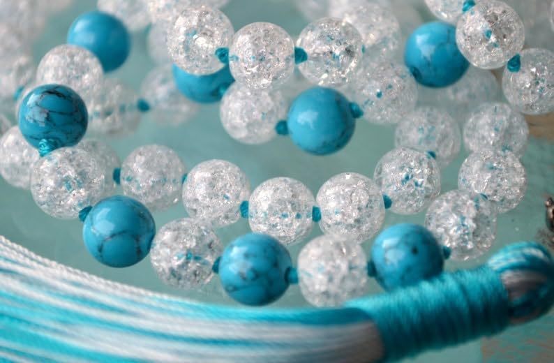 Natural Crystal Quartz, Turquoise 8mm 108 Mala Beads, Spiritual, Meditation Beads, Reiki, Japa Mala, Buddhist Prayer Beads, Yoga Bracelet, healing beads LKMALA-RRGU-1827
