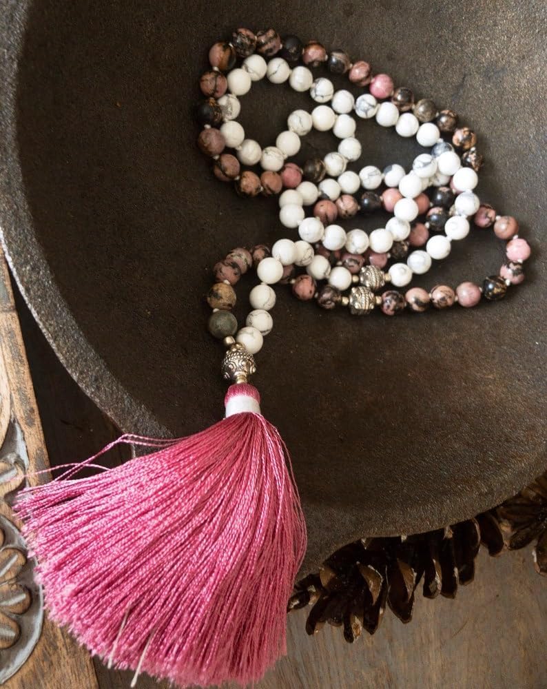 Natural Howlite Rhodonite 8mm 108 Mala Beads, Spiritual, Meditation Beads, Reiki, Japa Mala, Buddhist Prayer Beads, Yoga Bracelet, healing beads LKMALA-RRGU-3538, 34 inch