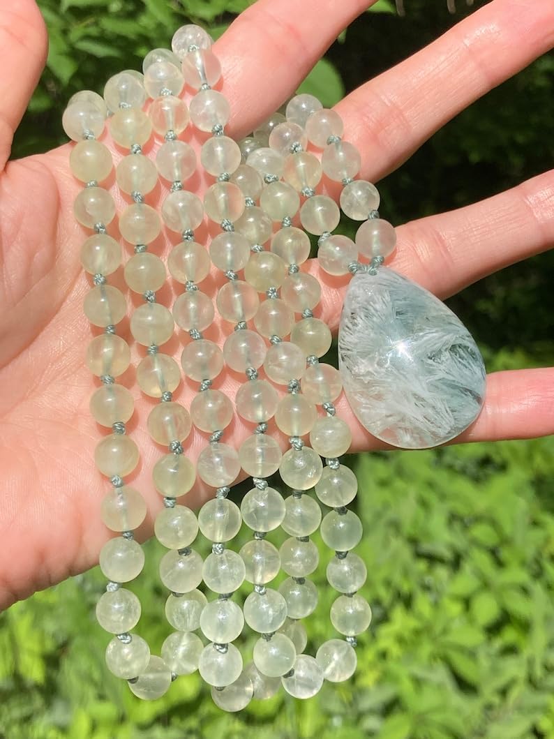 Prehnite and Scolecite in Fluorite Stone Mala Beads, 108 Mala Necklace, Knotted Mala, WWG Necklace, Yoga Jewelry Meditation Beads Spiritual Jewelry Boho Jewelry
