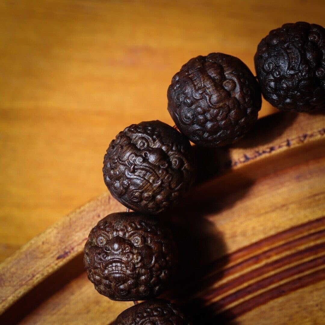 Agarwood Vietnam Nha Trang Agarwood 17mm Hand-Carved Lion Buddha Beads Rosary Beads