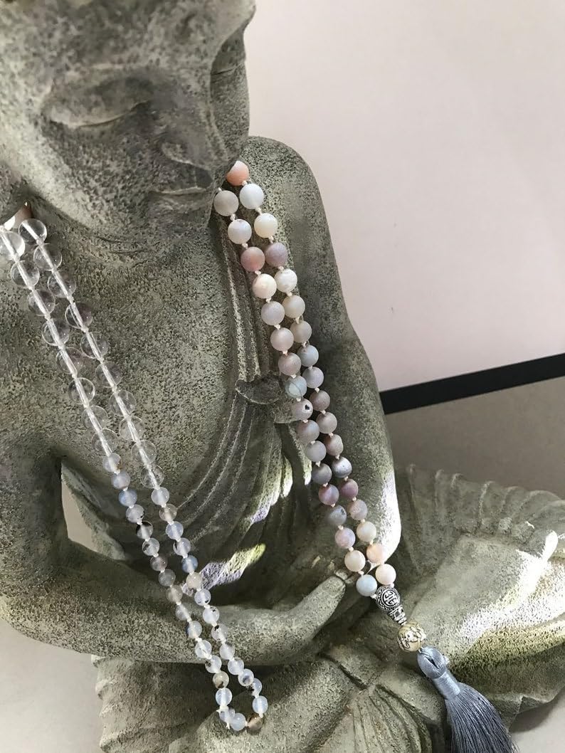 Natural Peruvian Clear Quartz, flower agate, aurora luster druzy beads, Stone Mala Beads, 108 Mala Necklace, Knotted Mala, WWG Necklace, Yoga Jewelry Meditation Beads Spiritual Jewelry Boho Jewelry,