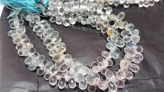 8 inch Strand of Natural Aquamarine 6x8mm Drop Faceted briolette Beads for DIY Jewelry Making. |BRIO_00580