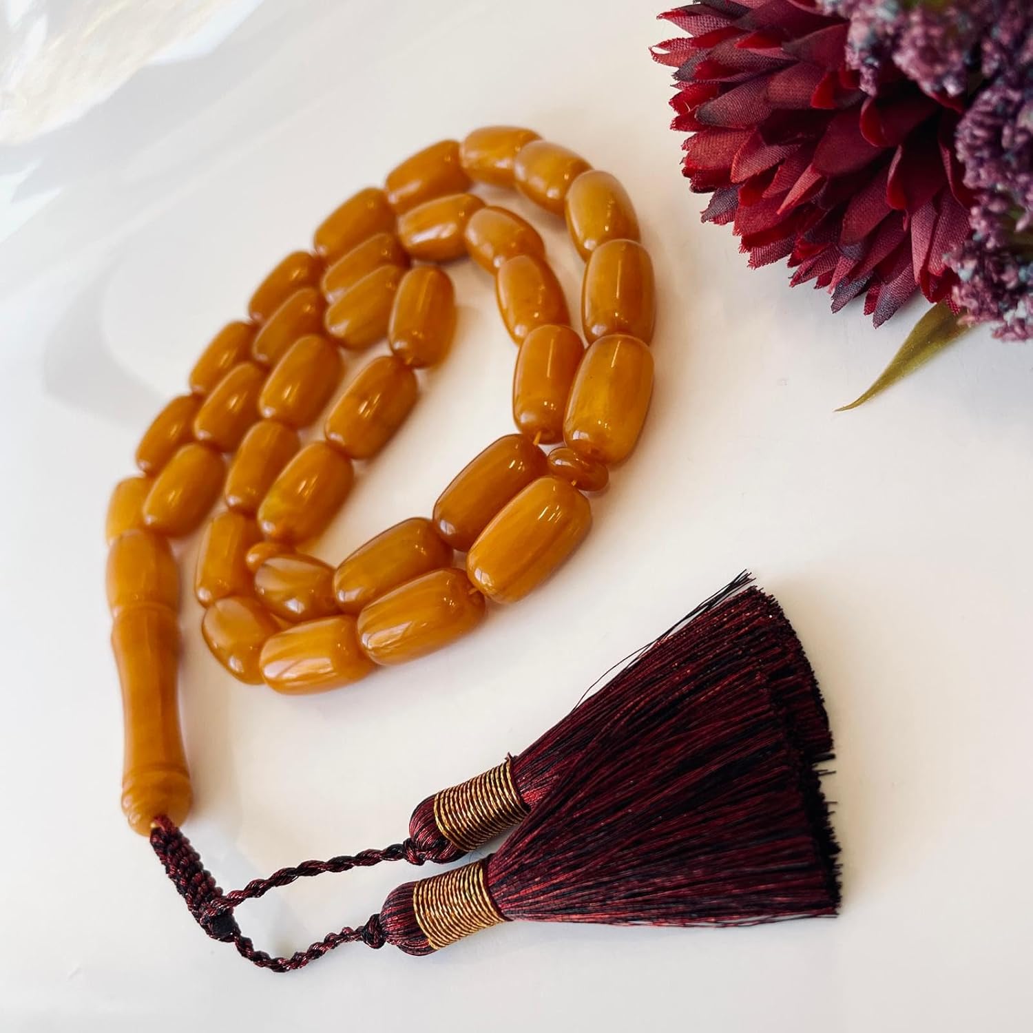AMBERSTONE Vintage Orange Amber Islamic Prayer - Barrel Beads Rosary - Premium Handmade Tasbeeh for Dhikr - Amber Misbaha - 33 Beads / 62.6 g