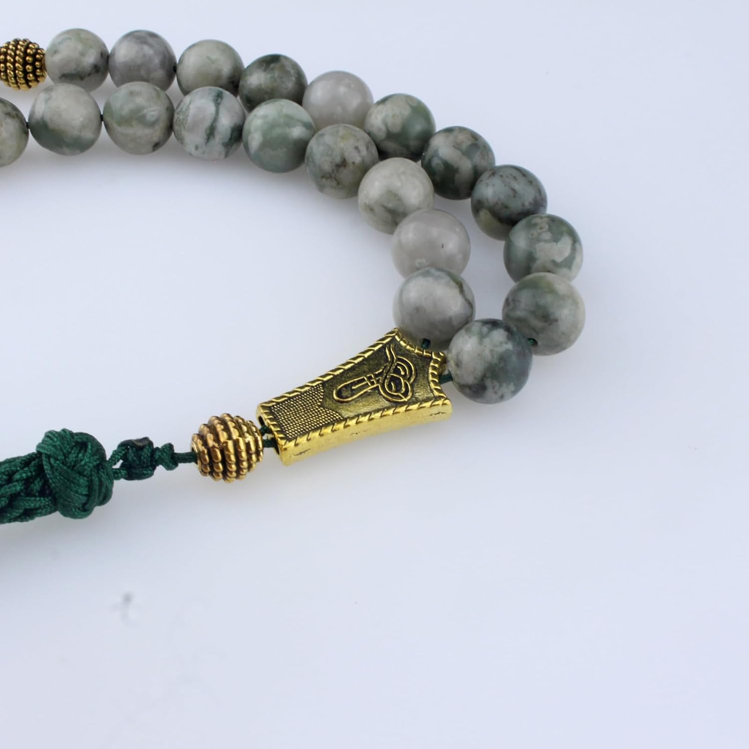 Muslims Islamic 33 Dhikr Tasbeeh Tasbih Prayer Beads, Light Green Jade Stone Beads with Tassel