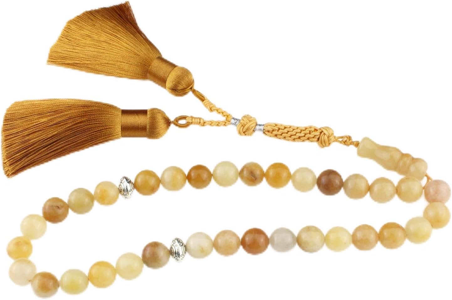 Muslims Islamic Dhikr 33 Tasbeeh Tasbih Prayer Beads, Yellow Jade Stone Beads with Tassel
