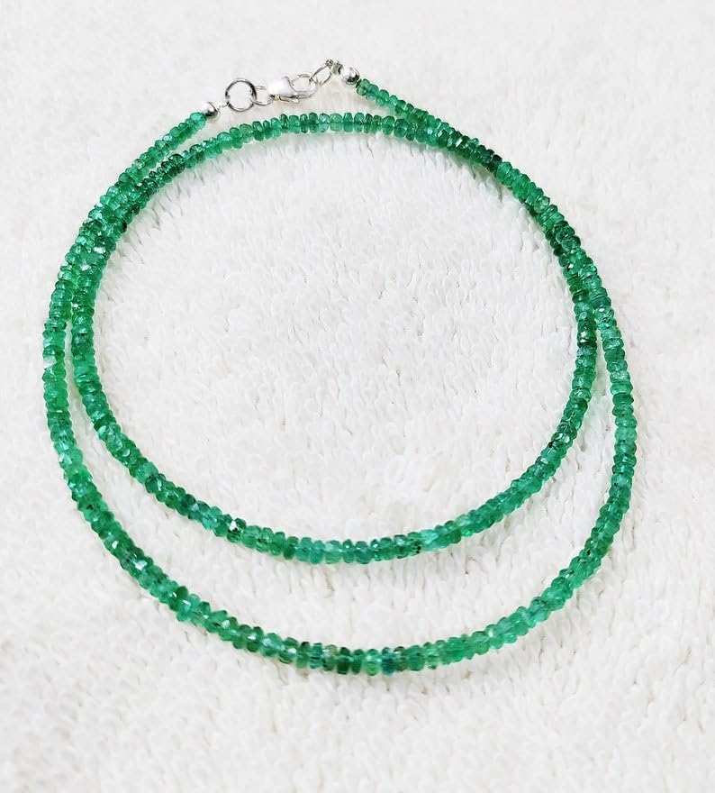 SPARKLE GEMS & JEWELS Natural Zambian Emerald Beaded Necklace – AAA+ Faceted 3-4mm Rondelle Gemstone Beads with 925 Sterling Silver Clasp – May Birthstone Healing Crystal Jewelry