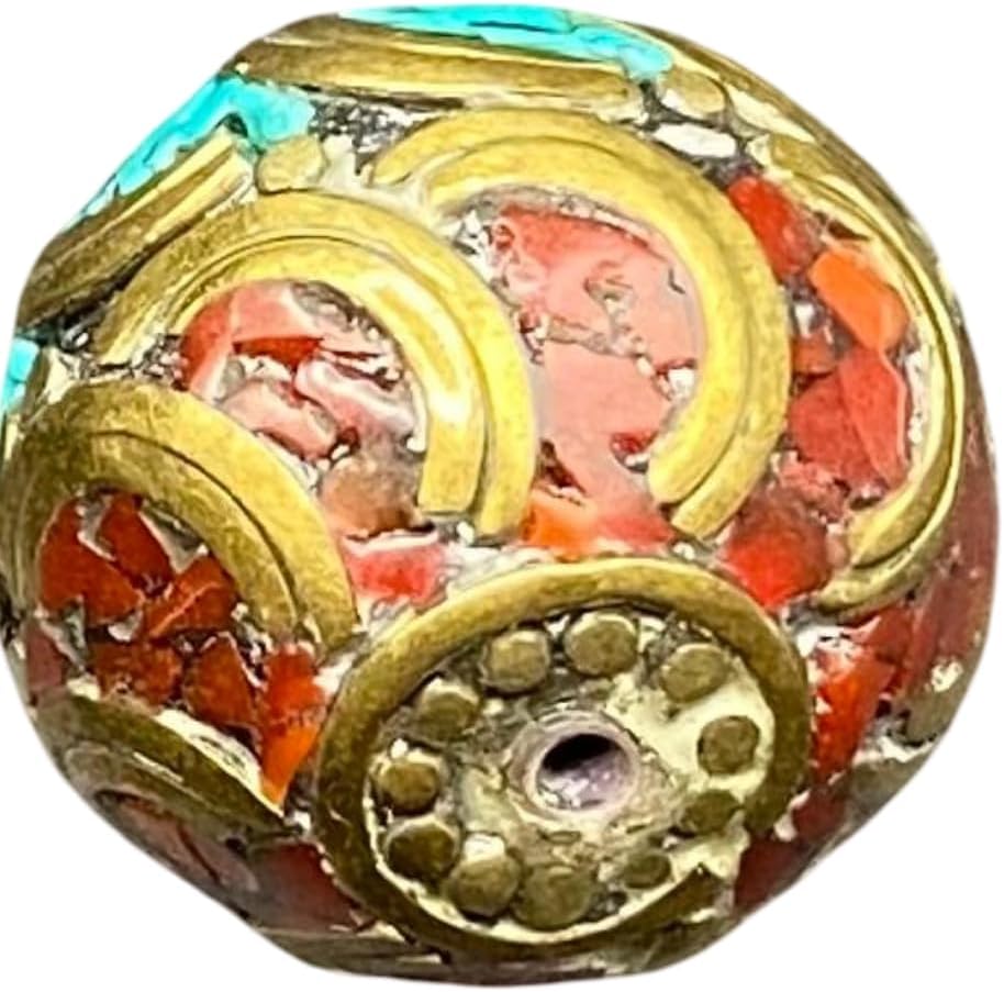 ALI OPLAS Old Antique Nepali Tibetan Handmade Brass Bead 18mm 9g | Turquoise & Coral Inlay Round Bead | Ethnic Boho Jewelry Supply | for Pendant Bracelet Necklace Making (50)
