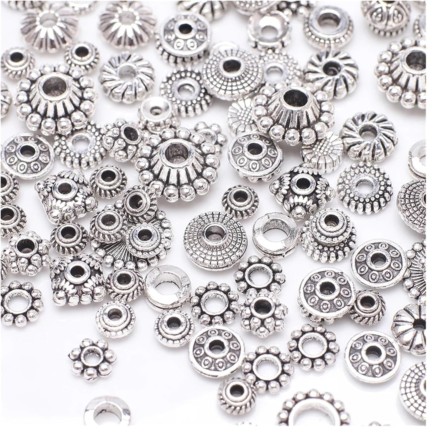 Spacer Beads 500Pcs Metal Spacer Beads Hollow Cap Alloy Tibetan Silver Round Beaded Big Hole Fit Charms Bracelet for Jewelry Making Craft Projects(HJ022)