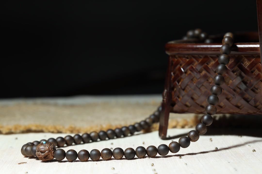 Brunei Agarwood 8mm Prayer Beads with Embedded Green Turquoise and South Red Lotus Pods, Honey-Sweet Aroma, 90% Aged