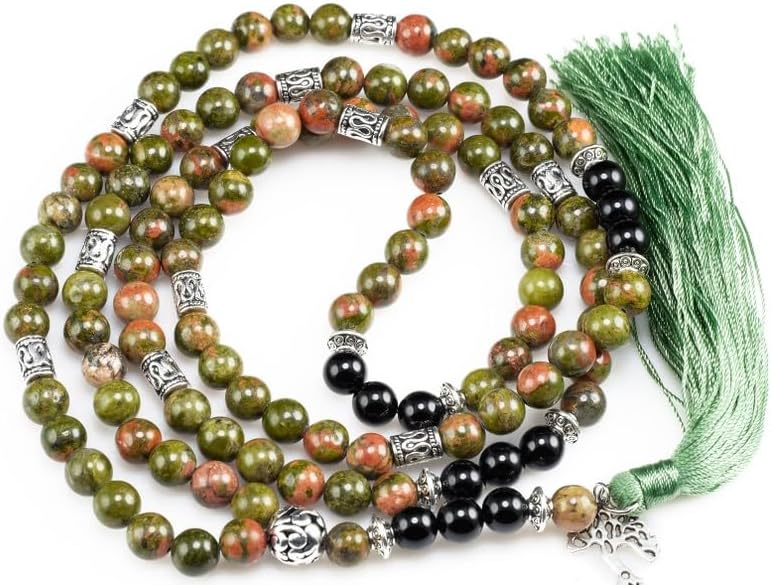 UNAKITE & BLACK ONYX Stone Mala Beads, 108 Mala Necklace, Knotted Mala, WWG Necklace, Yoga Jewelry Meditation Beads Spiritual Jewelry Boho Jewelry, 34inch, Gemstone