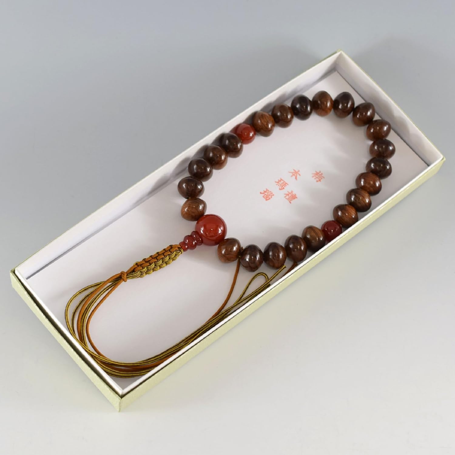 Sendan Wood Lense Beads & Red Agate Japanese Juzu Buddhist Prayer Beads Handemade in Kyoto Japan JUA21