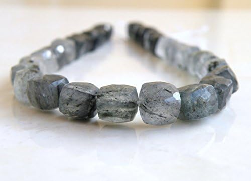 Rutilated Quartz Gemstone Briolette Black Tourmalinated Faceted Cube 8mm 14 beads 1/2 strand