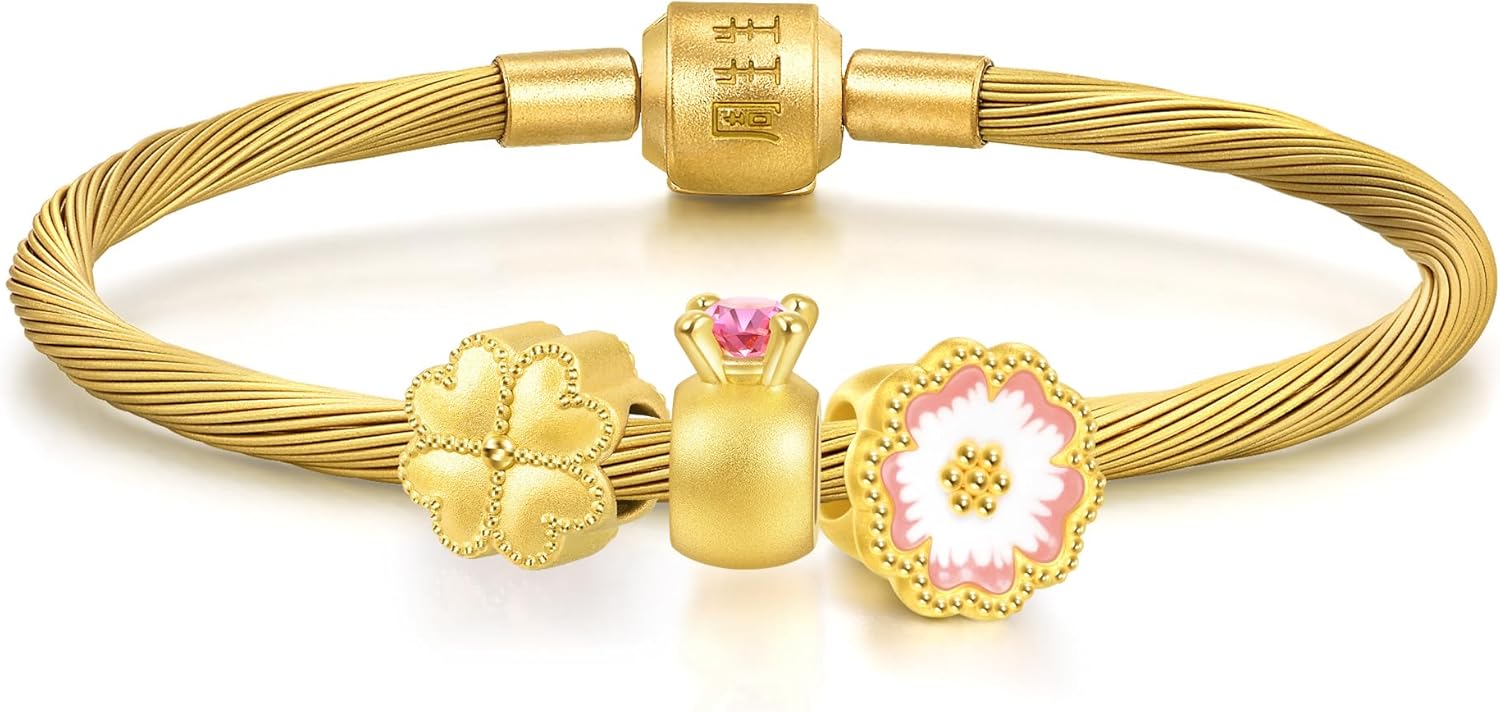 CHOW SANG SANG 999 24K Gold Charme Lucky Blossom Charm Trio Bracelet Jewelry Set for Women 17cm 92447C 92094C 95244C