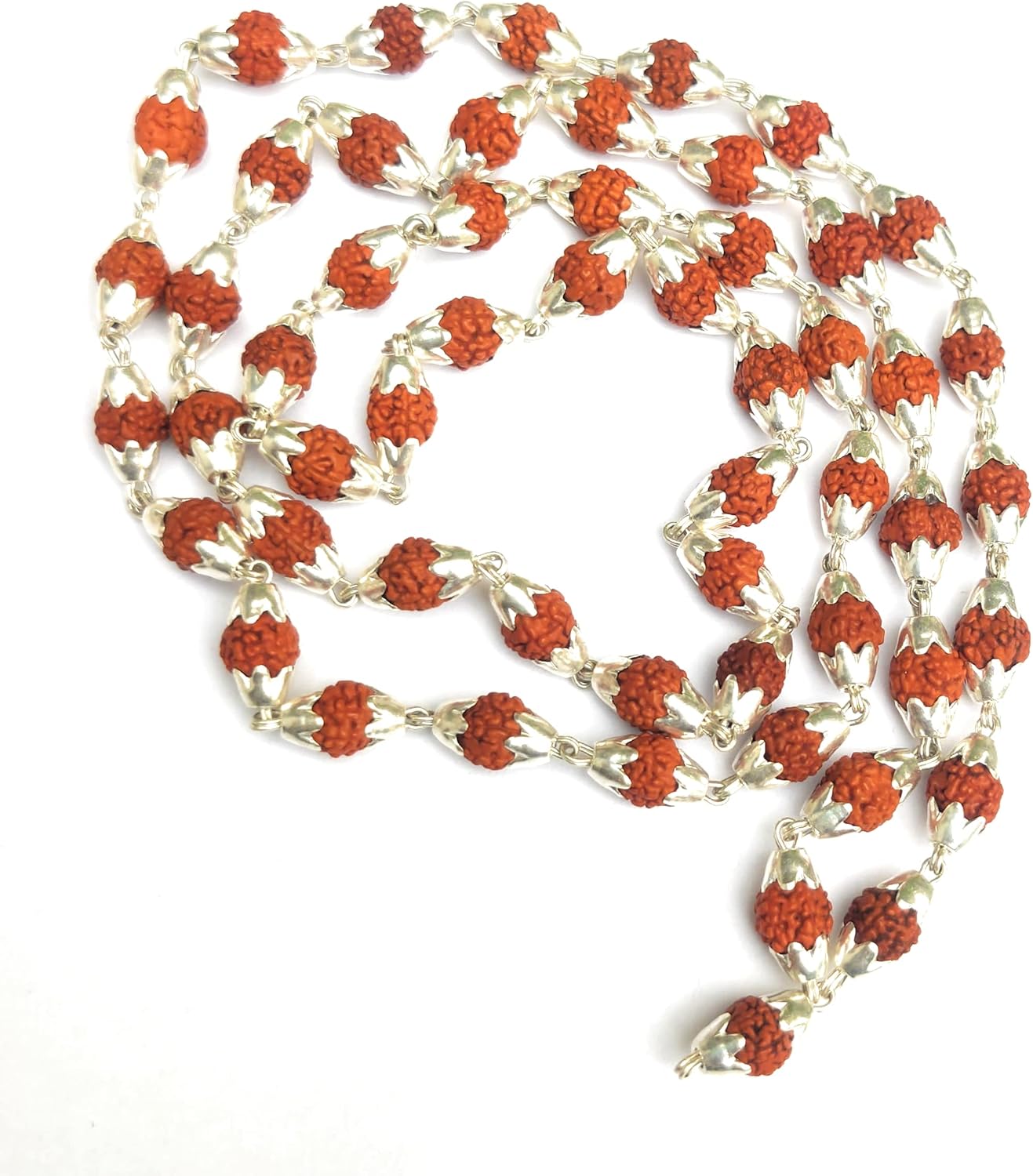 Rudraksha Mala in Silver Designer Caps (5 Mm, 55 Beads) - Special Edition - Natural Rudraksha Beads - Pure Silver - Pack of 1