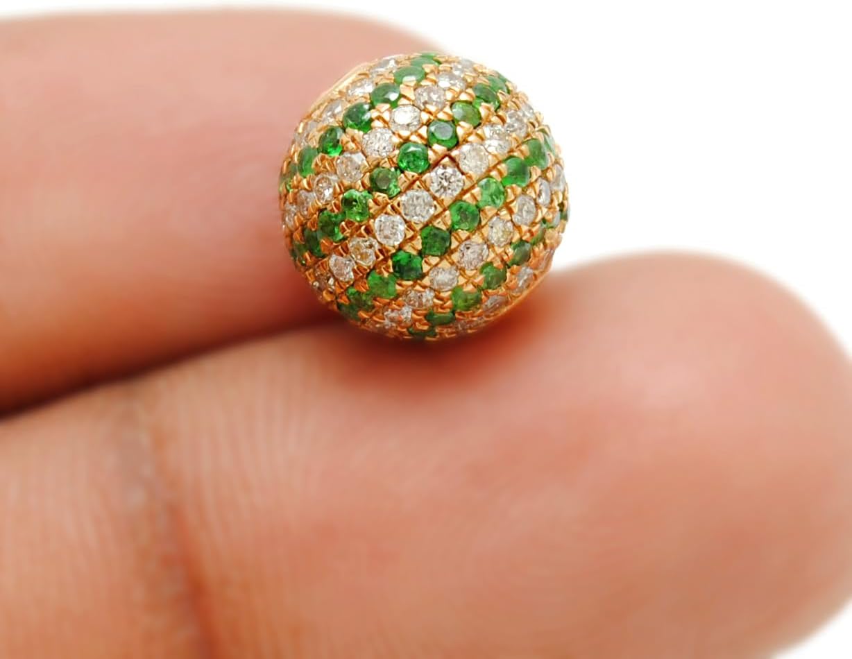 Kanika Creations Luxury 14K Yellow Gold 10mm Pavé Spacer Bead with Natural Emerald & Diamond – Handmade Jewelry – Gift for Her