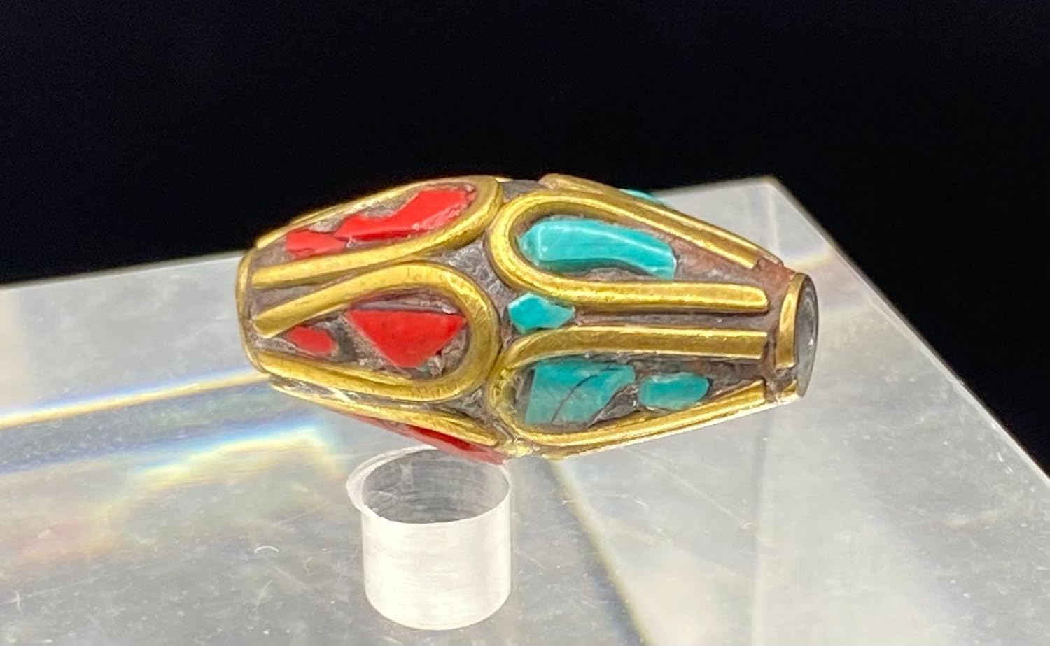 Old Antique Handcrafted 21x10mm Nepalese Tibetan Brass Bead with Turquoise & Coral Inlay – Vintage Ethnic Dzi Style Barrel Buddha Prayer Amulet Bead for Jewelry Making