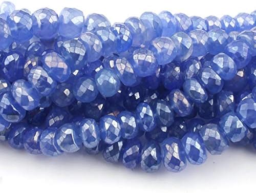 BEADS GEMSTONE 9 Strand Natural Blue Chalceny Silver Coated Faceted Rondelles Beads 5mm-10mm 33 Beads 8 Inch Code-HIGH-13888
