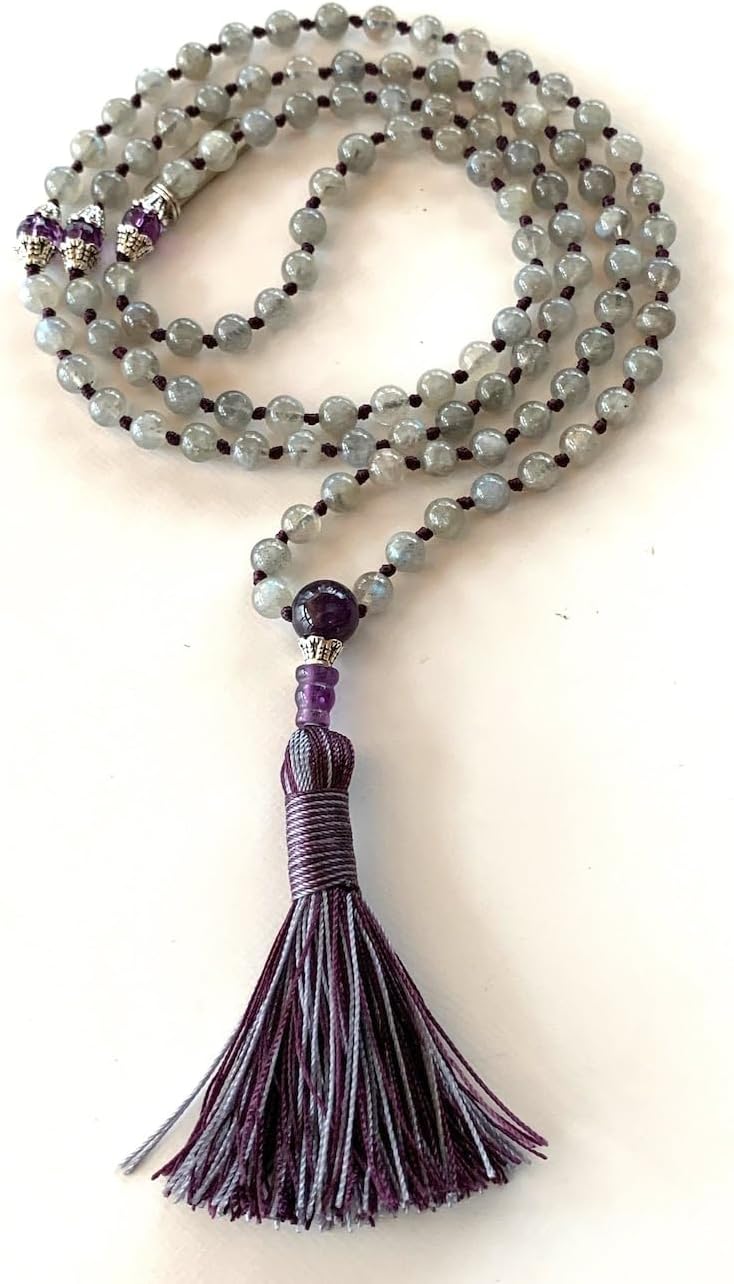 Natural Labradorite and Amethyst 6mm 108 Mala Beads, Spiritual, Meditation Beads, Reiki, Japa Mala, Buddhist Prayer Beads, Yoga Bracelet, healing beads LKMALA-RRGU-1643